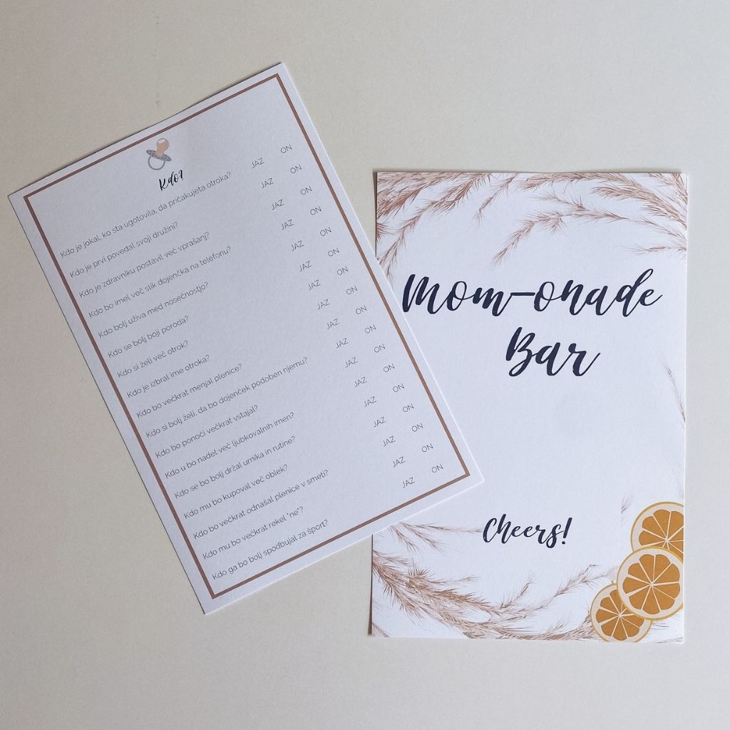 Baby Shower igra kdo&mom-onade bar Boho Neutral